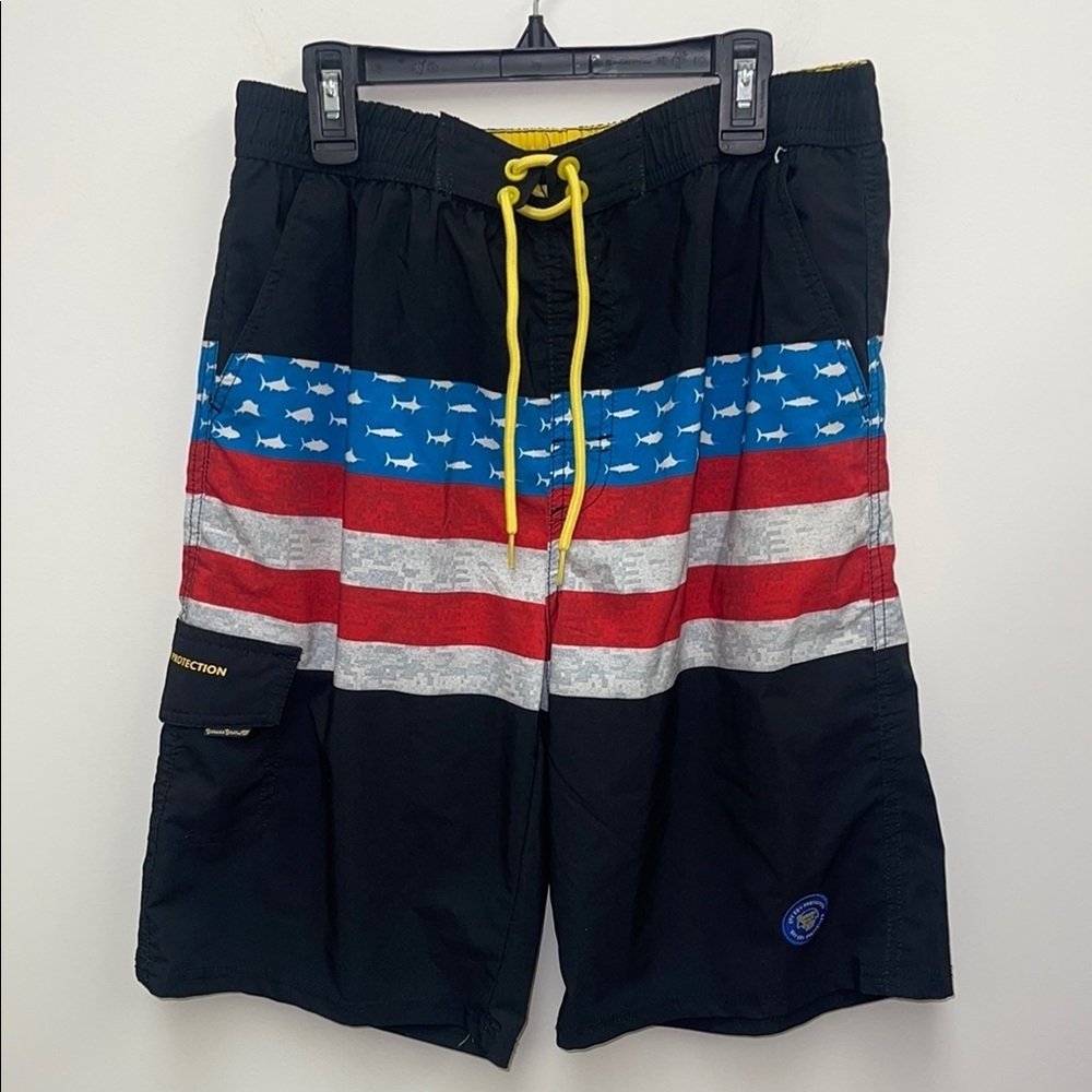 Men's Black Swim Shorts with Red, Blue, and Gray Stripes